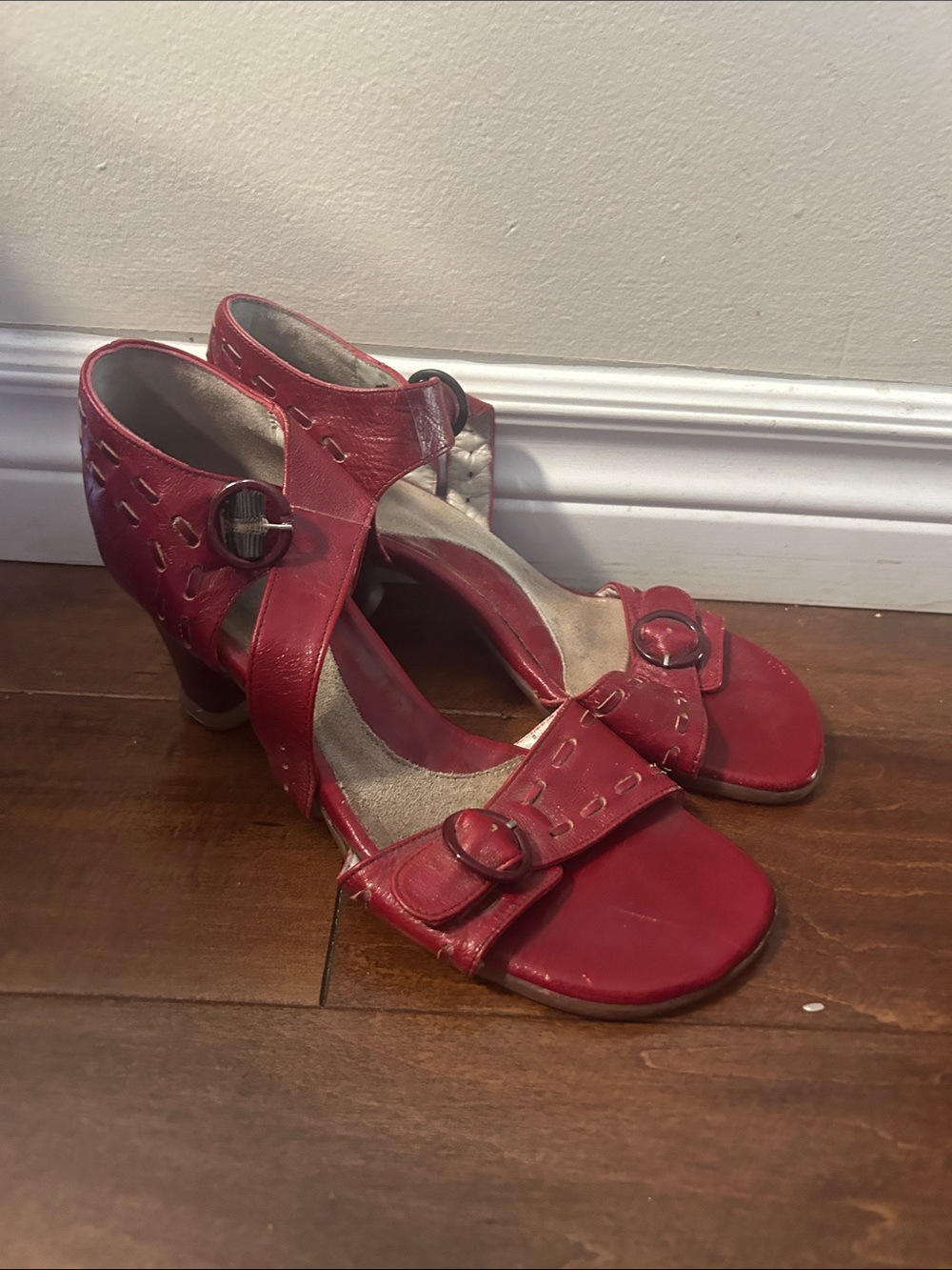 Fluevog Red Women's Mid-Heel Sandals with Buckle Accent